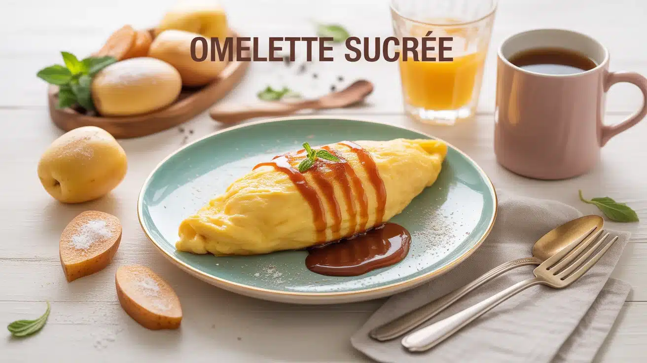Omelette sucrée vue du dessus avec pommes caramélisées et cannelle