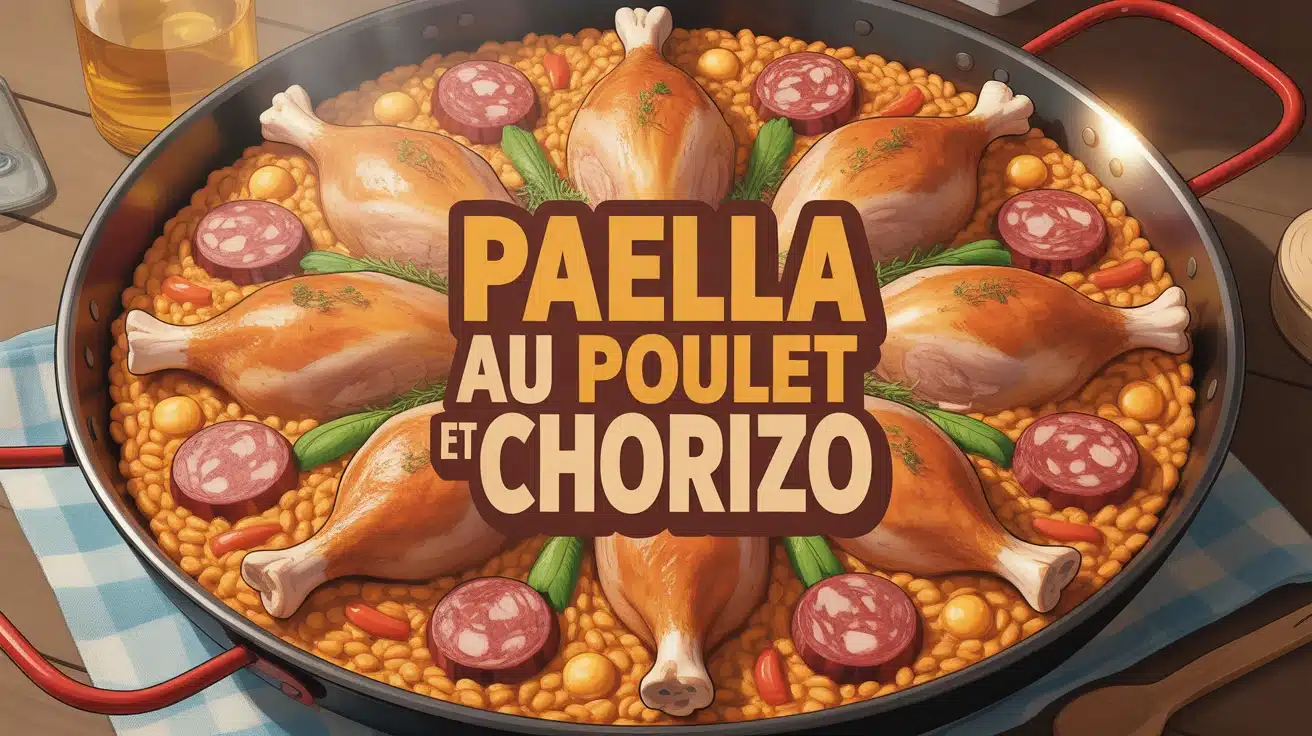 paella au poulet et chorizo dans une grande poêle espagnole