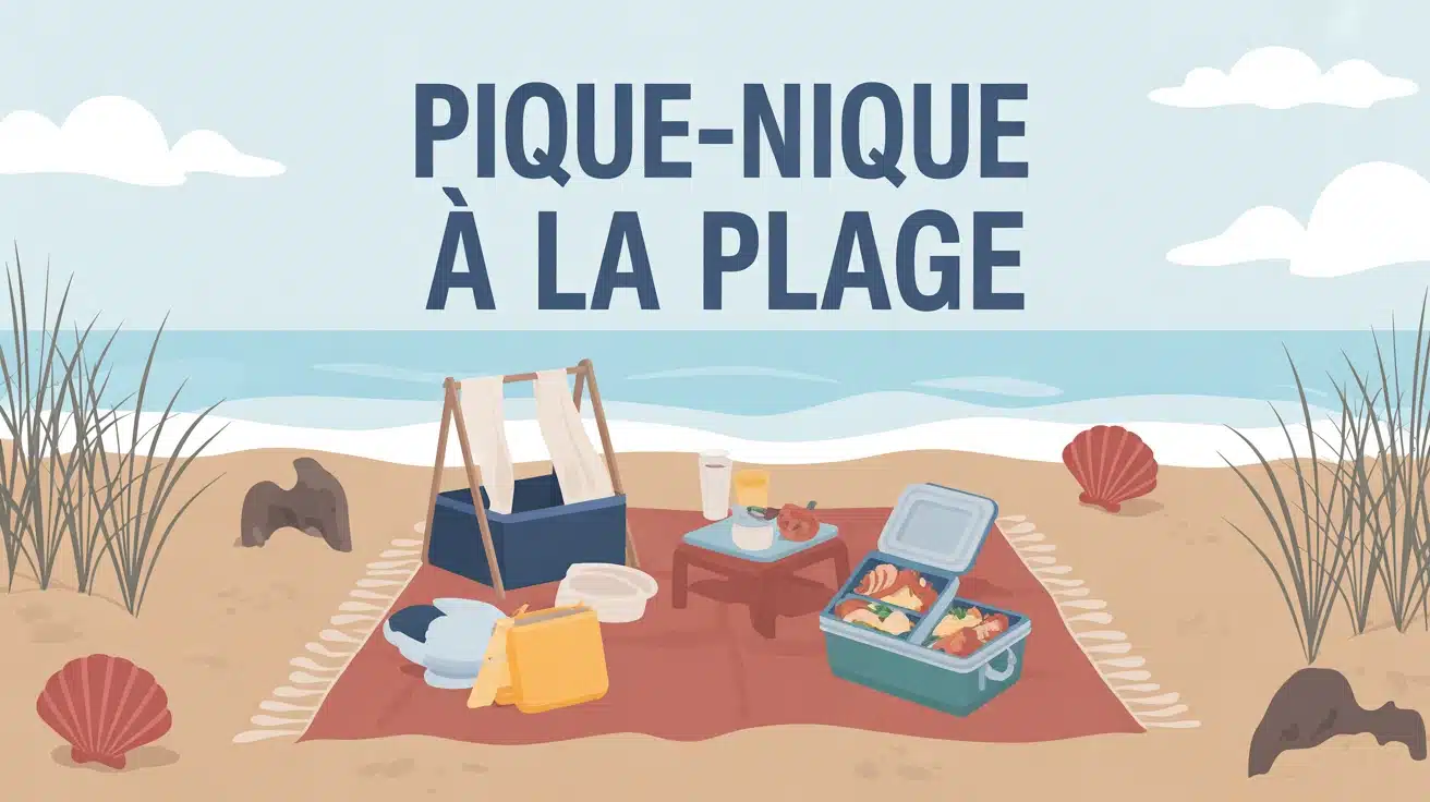 illustration pique-nique à la plage nappe glacière et coquillages