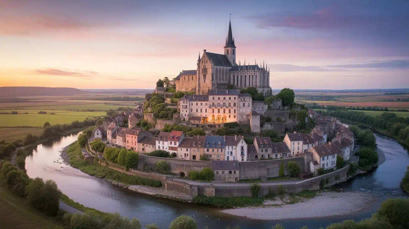 Village médiéval Saint-Cirq-Lapopie sur falaise au coucher du soleil