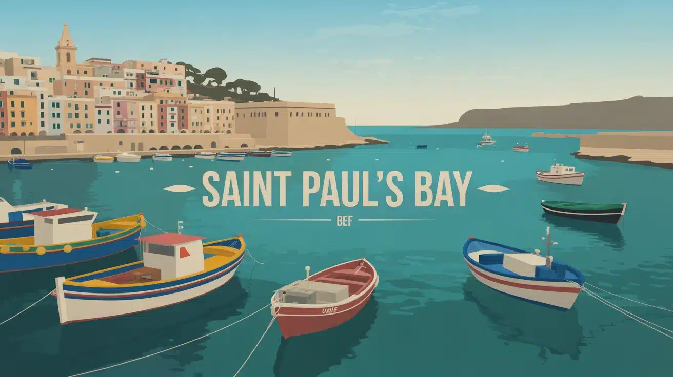 Vue vectorielle de Saint Paul's Bay avec barques Luzzu et tour historique
