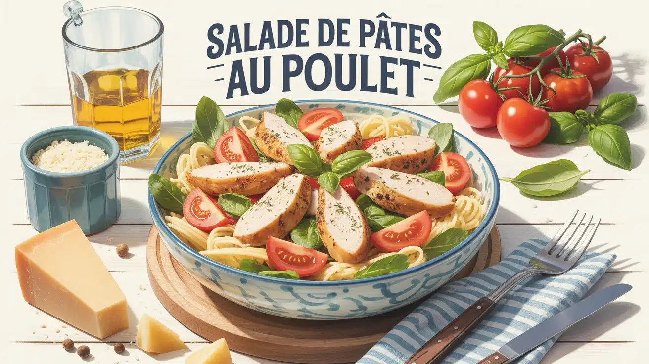 Salade de pâtes au poulet avec tomates cerises et basilic
