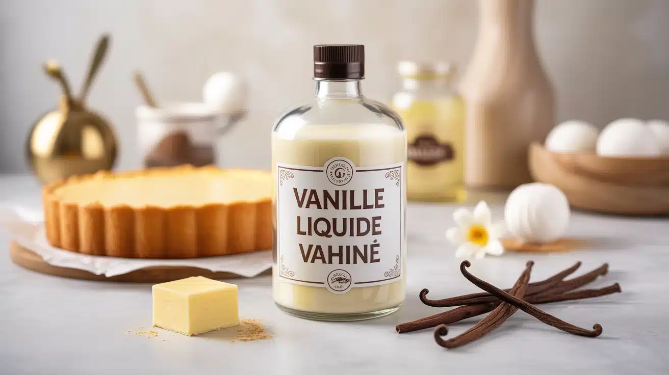 Flacon de vanille liquide Vahiné avec pâtisserie et gousses de vanille