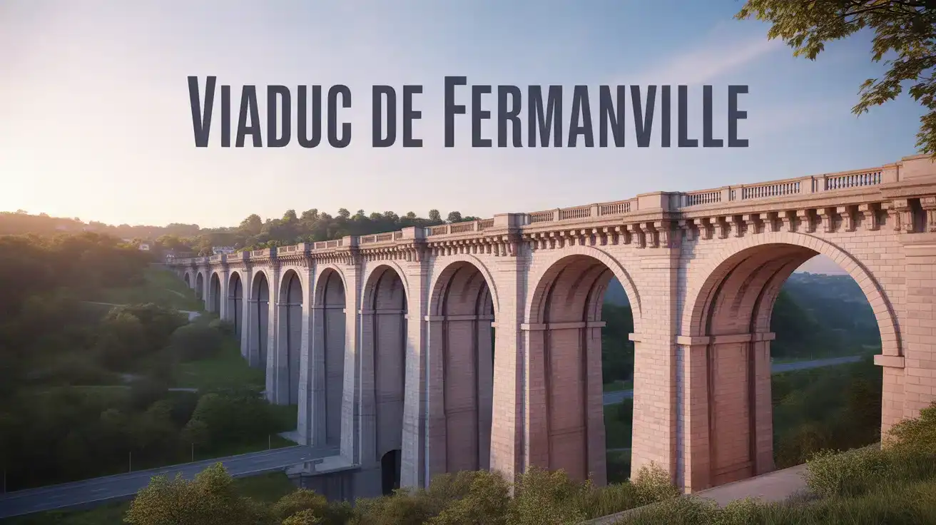 Viaduc de Fermanville en granit rose avec 20 arches sur vallée verdoyante