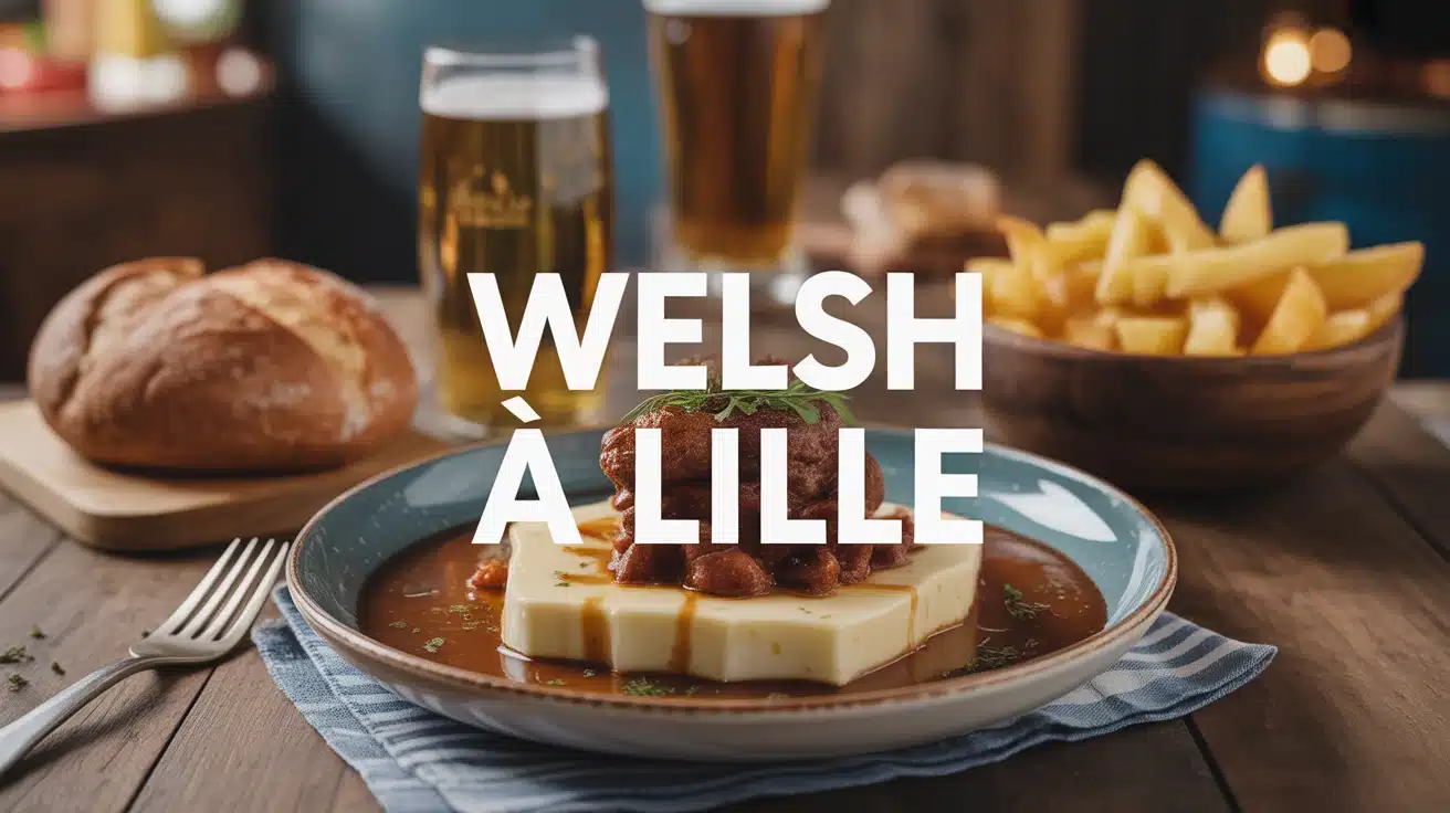 Plat de Welsh à Lille avec cheddar fondu et frites maison