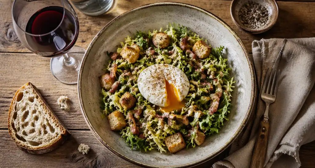 Salade lyonnaise avec œuf poché, lardons et croûtons