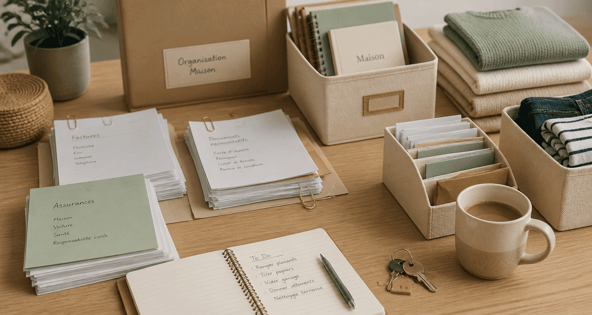 Aide rangement maison avec table triée et boîtes