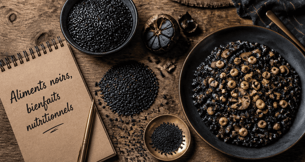 Vue flat-lay aliments noirs sur table rustique