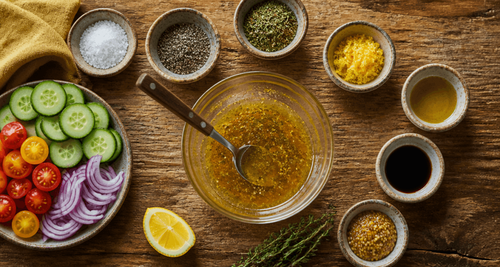 assaisonnement bols épices vinaigrette sur table rustique