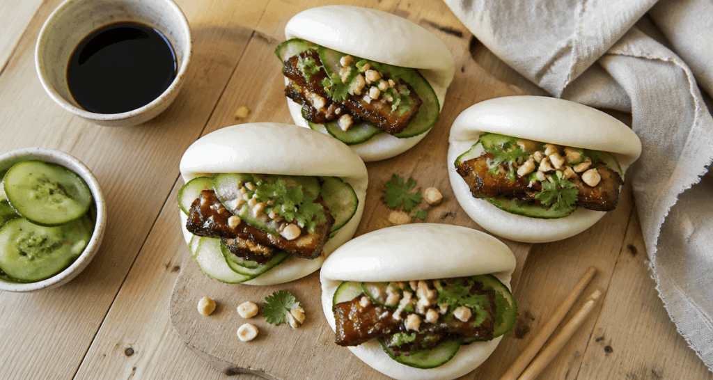 Bao bun maison garni de porc laqué et pickles