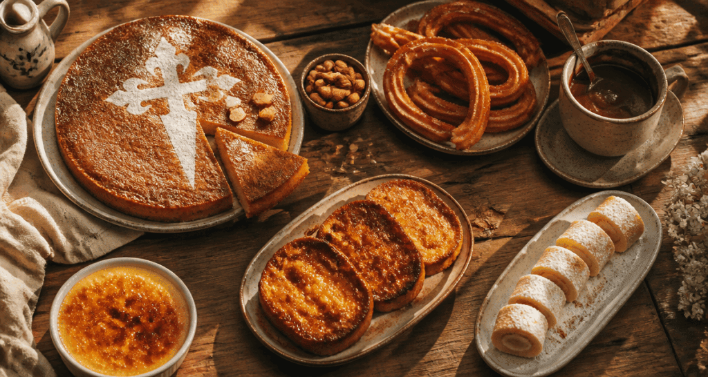 Desserts Espagne variés sur table en bois
