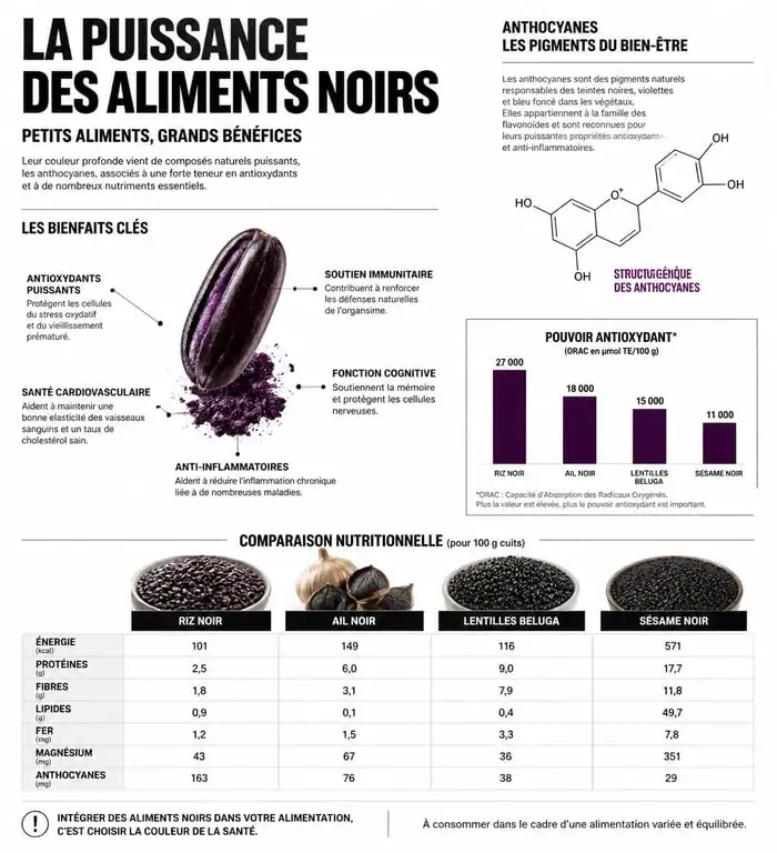 Infographie des bienfaits nutritionnels et antioxydants des aliments noirs