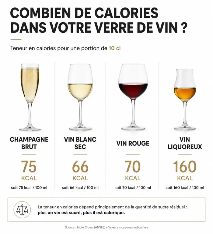Infographie comparative des calories par type de vin pour identifier le vin le moins calorique.