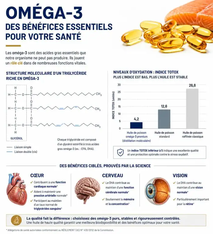 Infographie sur les bienfaits et la qualité des huiles de poisson oméga 3