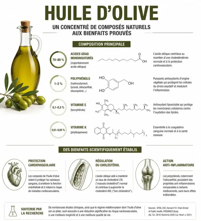 Infographie des bienfaits de l'huile d'olive sur la santé et la composition nutritionnelle