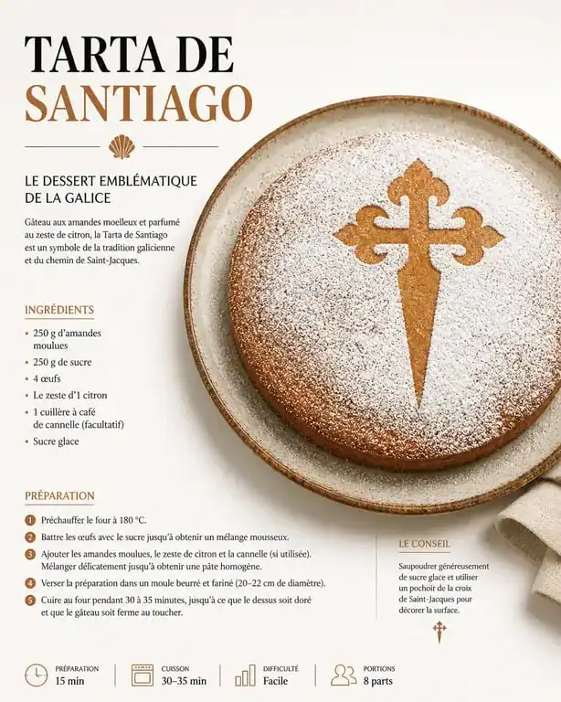 Tarta de Santiago traditionnelle, dessert espagnol aux amandes