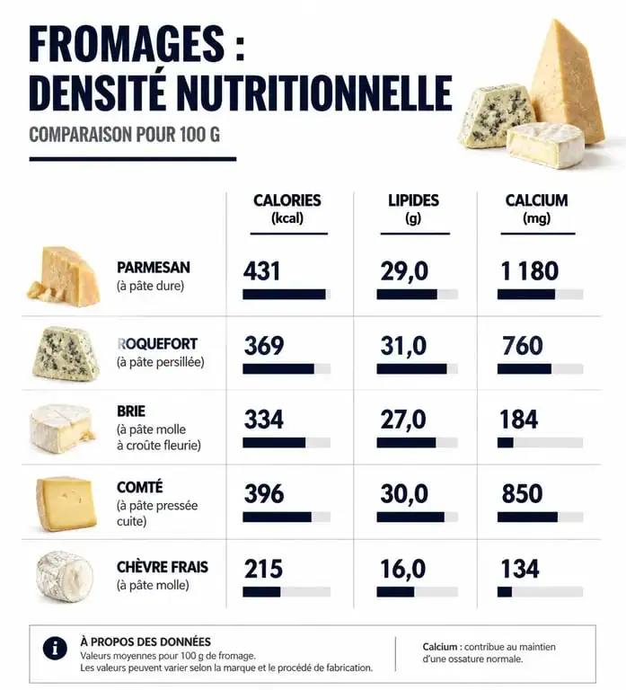 Infographie comparative des apports nutritionnels et calories des fromages pour la gestion du poids