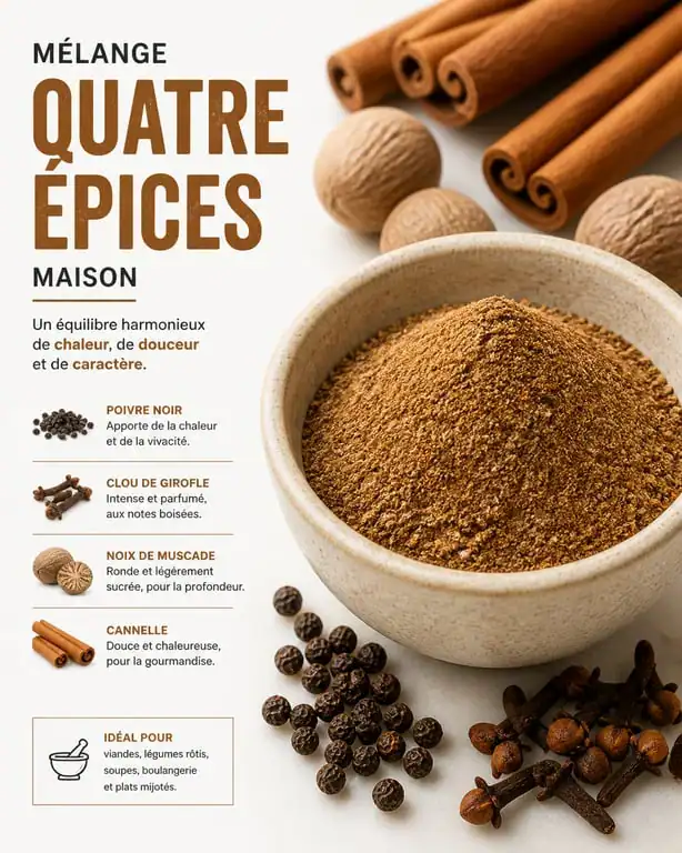 Mélange quatre-épices maison avec ses ingrédients : poivre, clou de girofle, muscade et cannelle