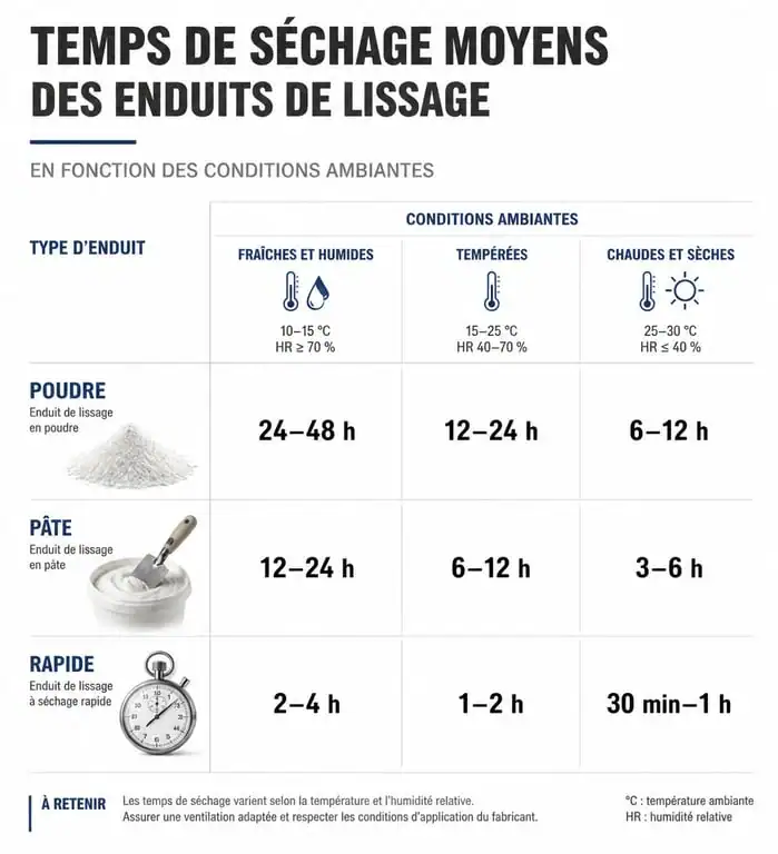 Infographie des temps de séchage de l'enduit de lissage avant ponçage selon le type d'enduit et les conditions ambiantes
