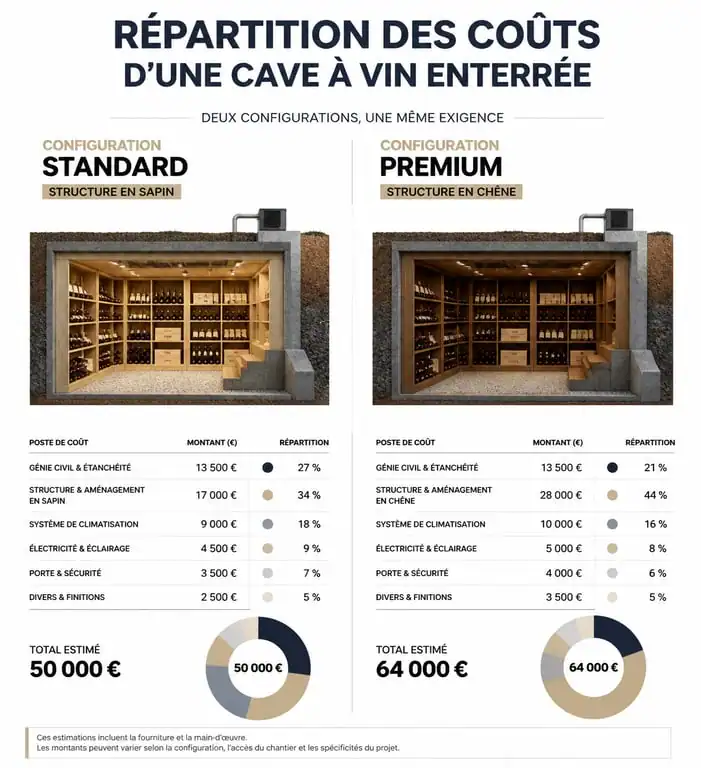 Infographie comparative des prix d'une cave à vin enterrée : structure, aménagement et terrassement
