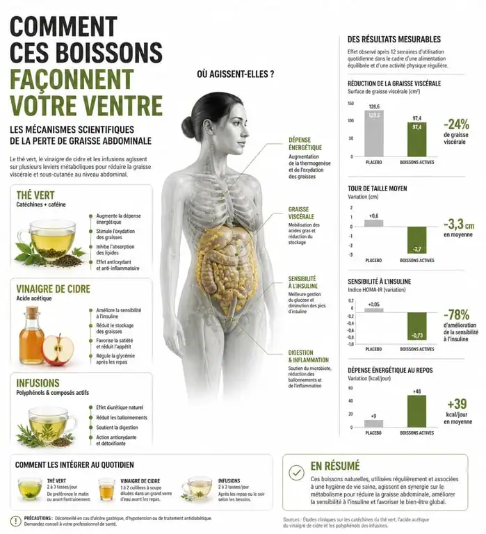 Infographie sur les bienfaits des boissons pour perdre du ventre et la réduction de la graisse abdominale