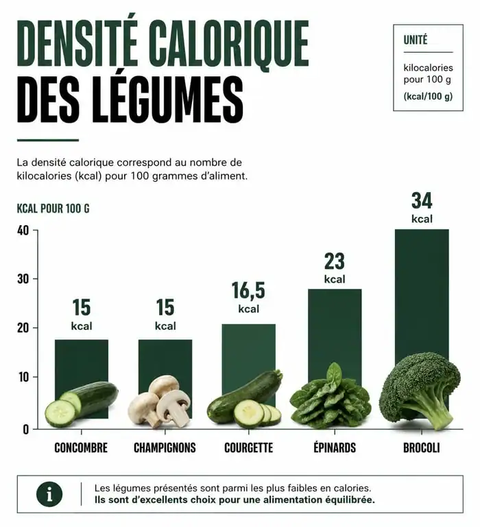 Infographie comparative des calories pour 100g des meilleurs légumes pour maigrir : concombre, champignons, courgette, épinards et brocoli.