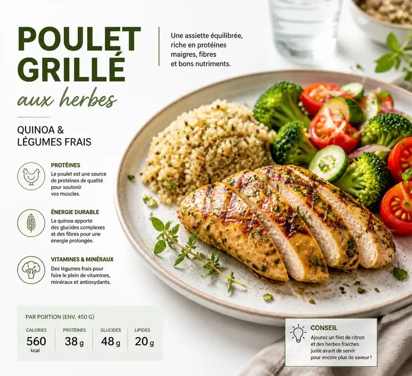 Recette riche en protéine pour la musculation : poulet grillé et quinoa