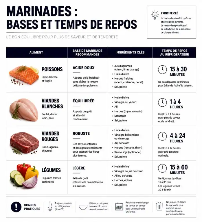 Tableau récapitulatif des temps de marinade et bases d'assaisonnement pour différents aliments