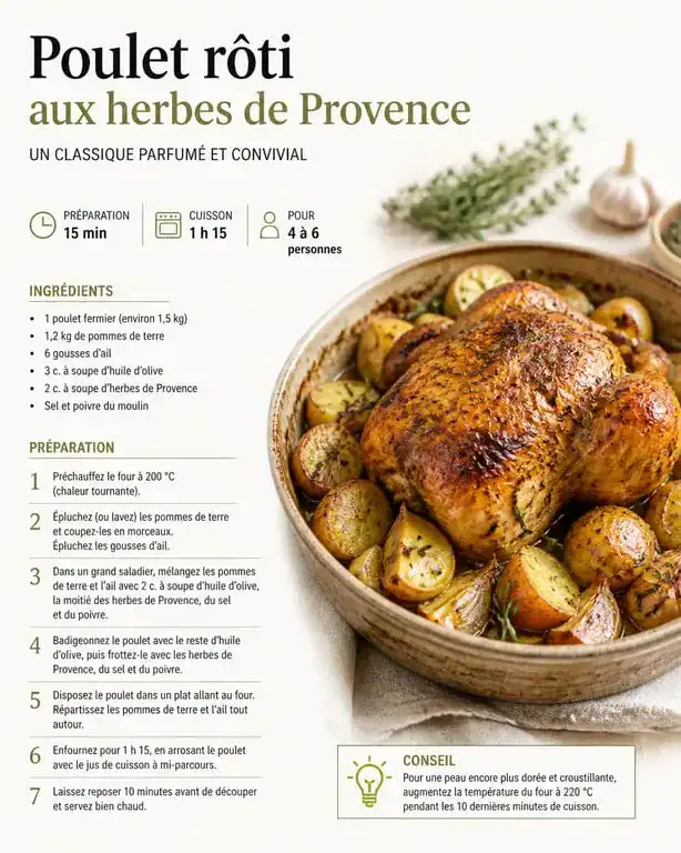 Poulet rôti aux herbes de Provence avec pommes de terre et ail
