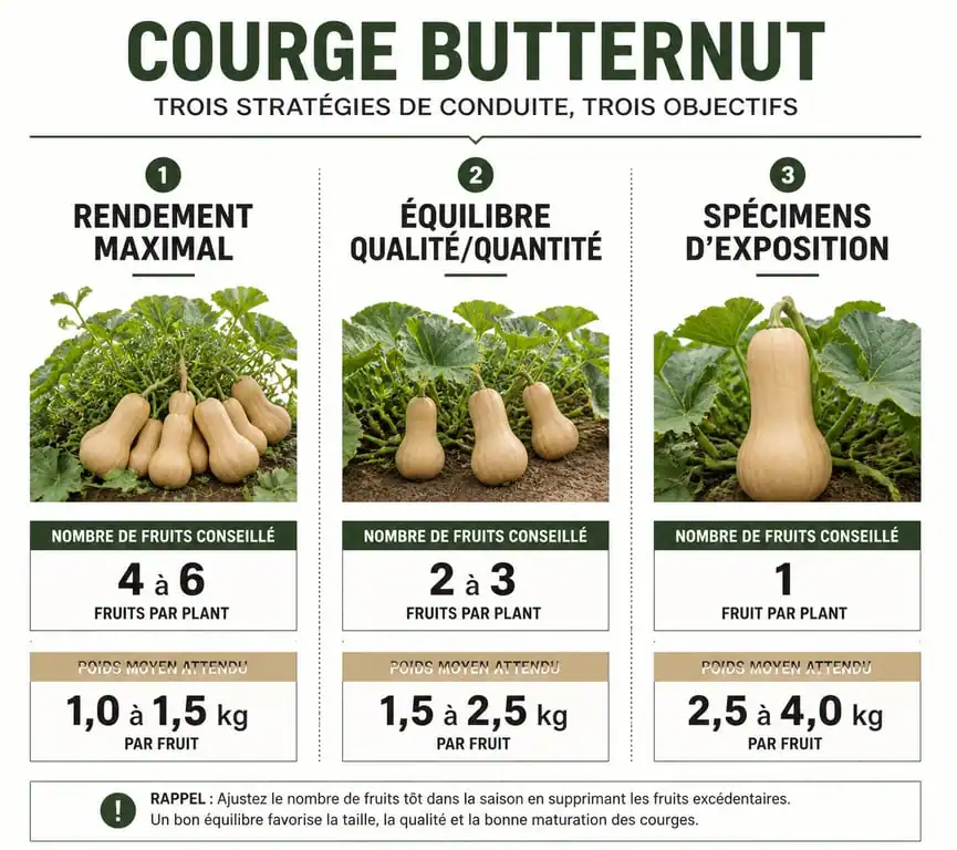 Infographie comparative des stratégies de rendement pour la culture de la courge butternut au potager