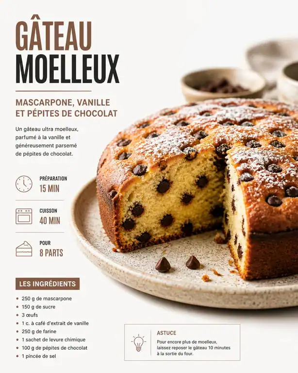 Gâteau moelleux au mascarpone, vanille et pépites de chocolat, dessert gourmand.