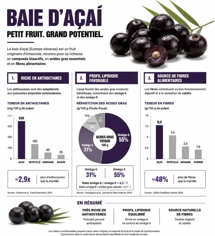 Infographie des bienfaits nutritionnels et propriétés antioxydantes de l'açai