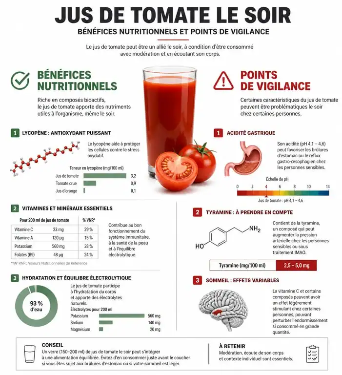 Infographie sur les bienfaits et précautions de la consommation de jus de tomate le soir pour la santé et le sommeil