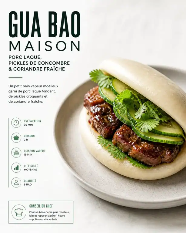 Gua bao maison au porc laqué et pickles, prêt à être dégusté.