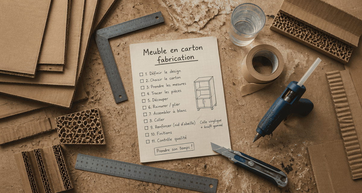 Meuble en carton fabrication, plan de travail atelier avec matériaux et outils