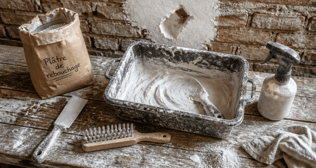 platre pour reboucher sur établi avec outils