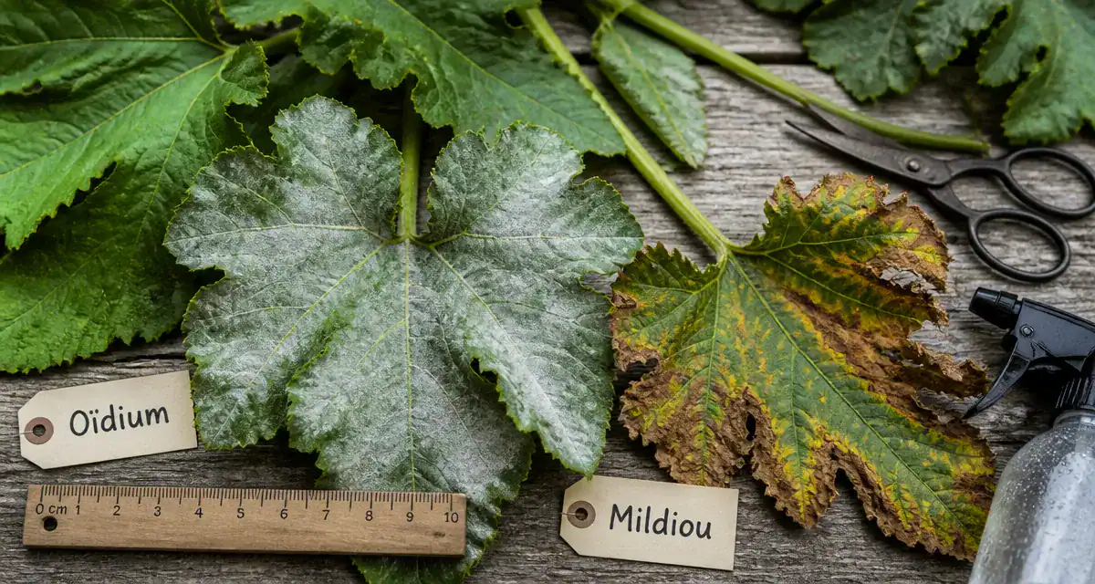 Courgette maladies : oïdium et mildiou sur feuilles de courgette