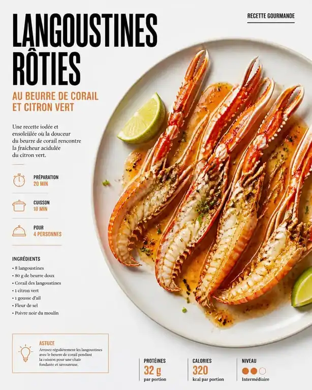 Langoustines surgelées cuites et rôties au beurre de corail et citron vert dans une assiette élégante