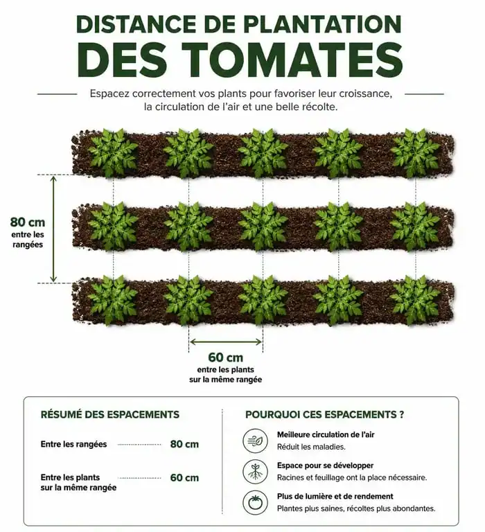 Schéma illustrant la distance optimale entre les pieds de tomates pour une croissance saine