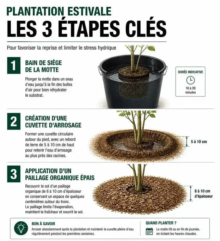 Infographie des étapes pour réussir la plantation de fleurs en juillet et août