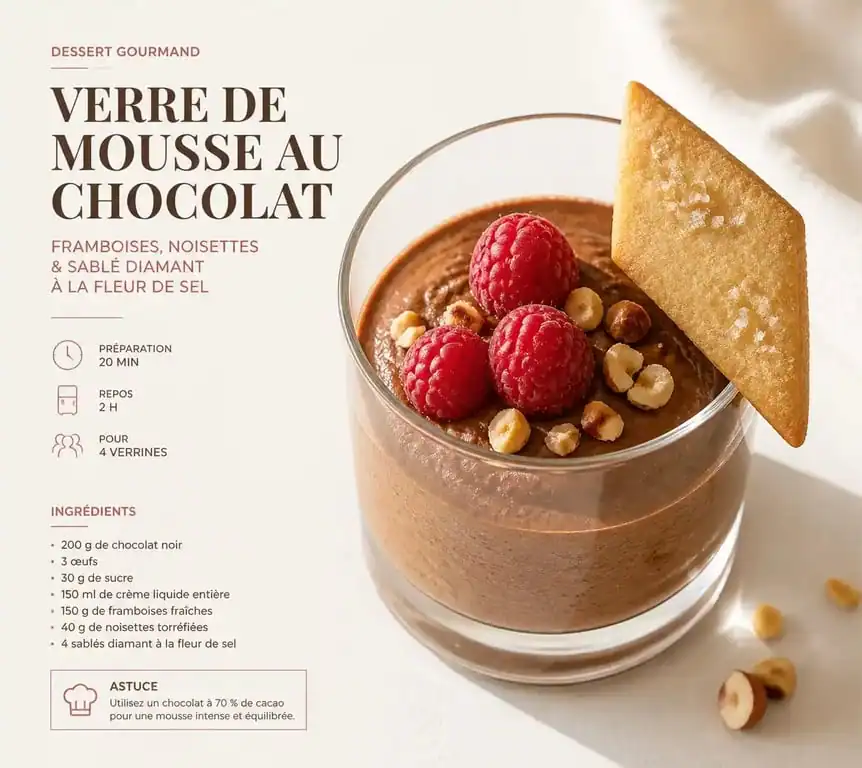 Mousse au chocolat accompagnée de fruits rouges et d'un sablé diamant pour une présentation raffinée