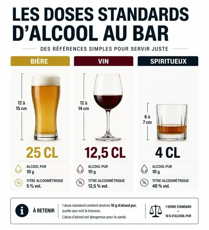 Tableau des doses standards d'alcool en cl pour les bars et restaurants