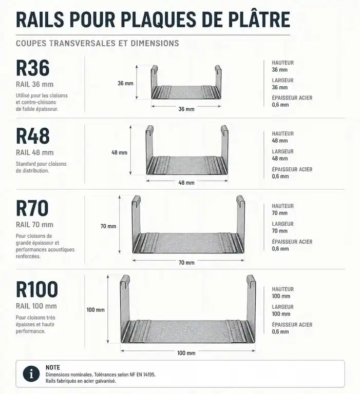 Schéma des dimensions des différents rails pour placo R36, R48, R70 et R100