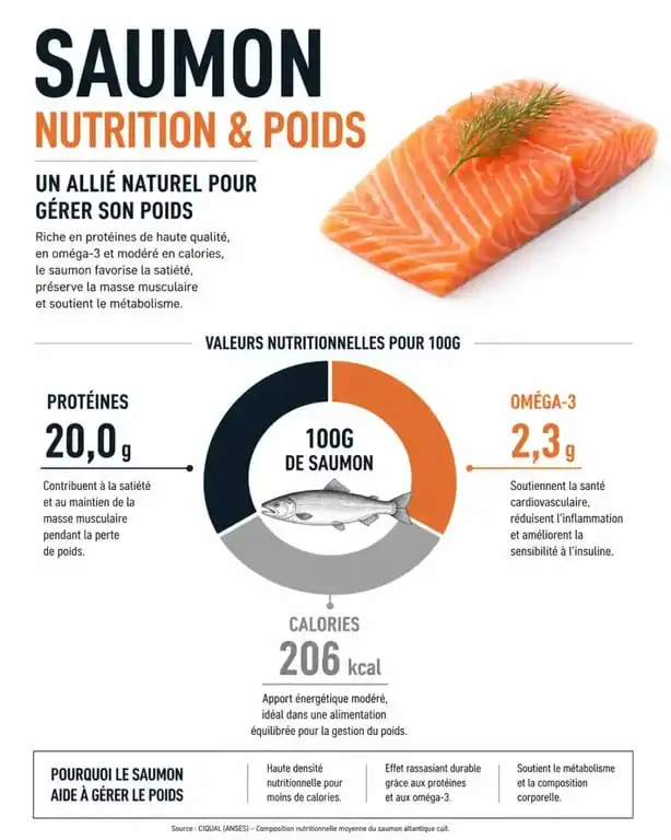 Infographie nutritionnelle : le saumon fait-il grossir ? Analyse des apports en protéines et oméga-3 pour la perte de poids.