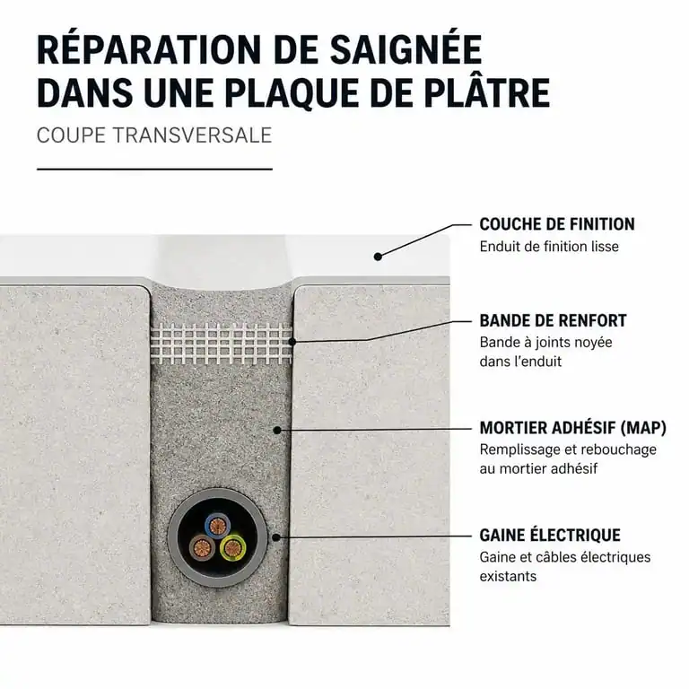 Schéma en coupe des étapes pour reboucher une saignée dans du placo avec du MAP et une bande de renfort