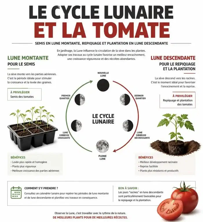 Infographie du calendrier lunaire pour le semis et la plantation des tomates