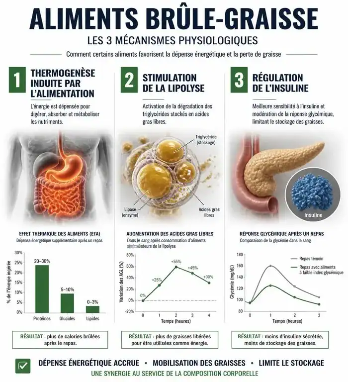 Infographie expliquant les mécanismes des aliments brûle-graisse et leur effet sur le métabolisme