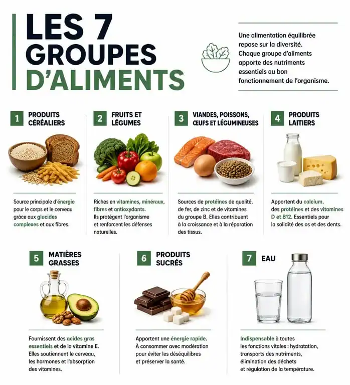 Infographie des 7 groupes d'aliments et leurs bienfaits nutritionnels pour l'équilibre alimentaire