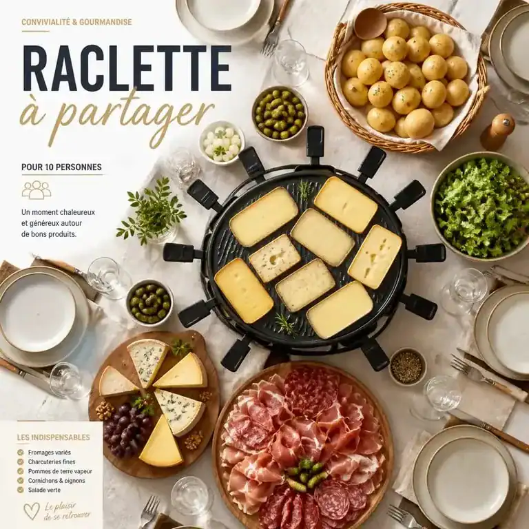 Table de raclette pour 10 personnes avec liste de courses complète, fromage, charcuterie et pommes de terre