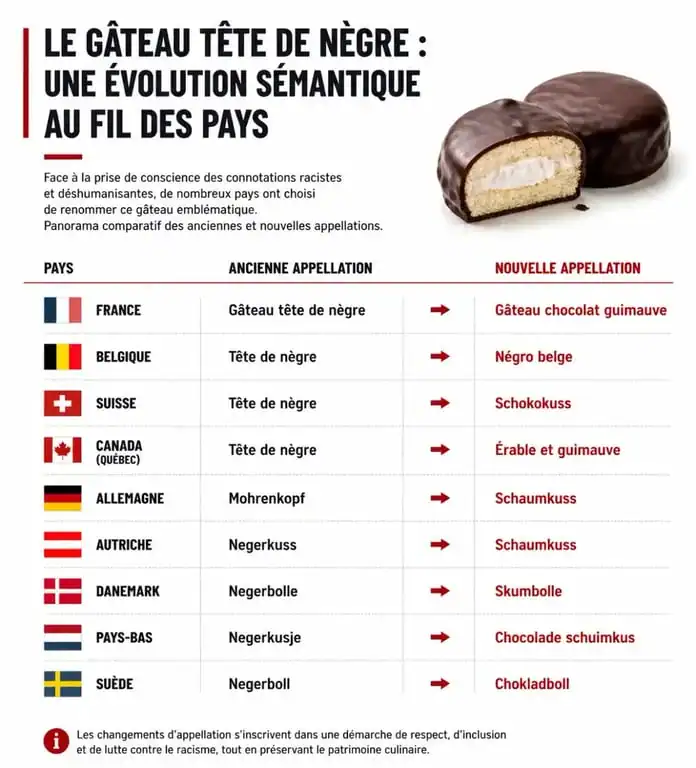Tableau comparatif des nouveaux noms du gâteau tête de nègre par pays et région